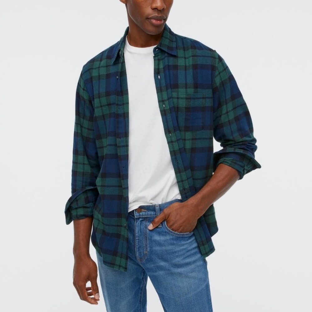 EUC Men's J. CREW Classic Plaid Flannel "Black Watch Tartan" Shirt |‎ Size M